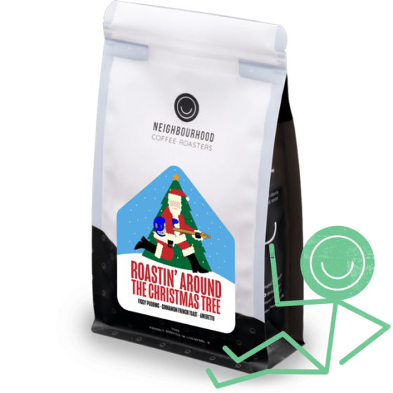 250g bag of Roastin' Around the Christmas Tree. Label features Santa Claus in his red suit and big white beard, jumping in the air infront of a Christmas tree playing an electric guitar.